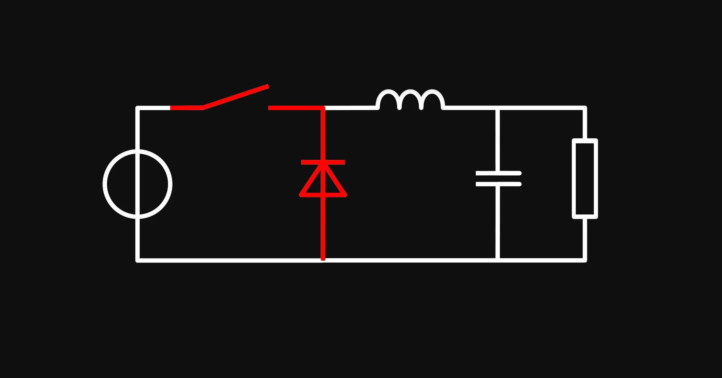 A simplified circuit diagram of a buck converter or step-down converter