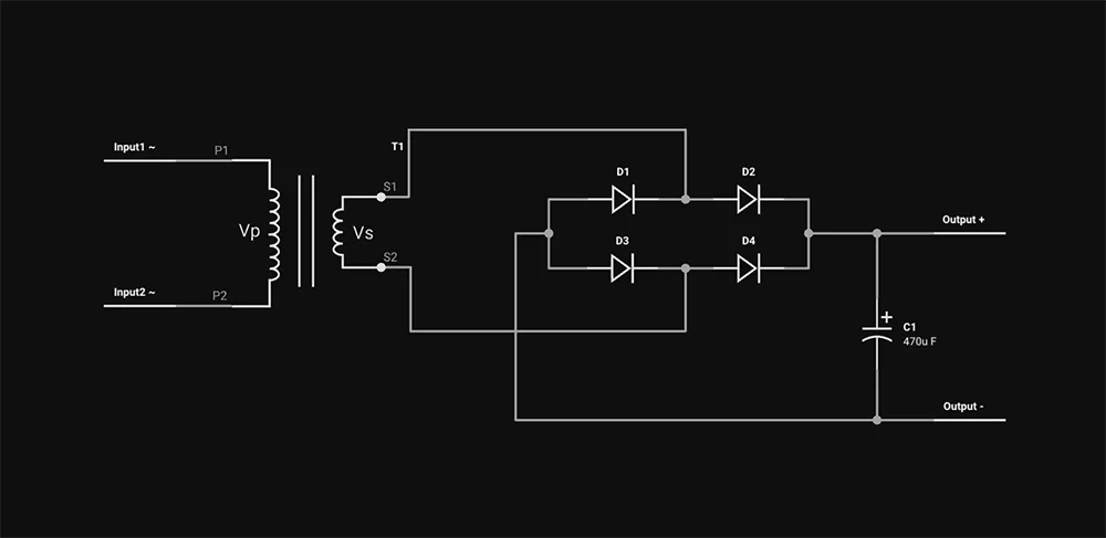 Typical AC to DC Converter schematic circuit diagram comprises of a transformer and bridge rectifier diodes