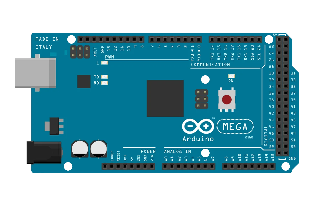 3D rendered top view of Arduino Mega microcontroller board, the powerhouse arduino board