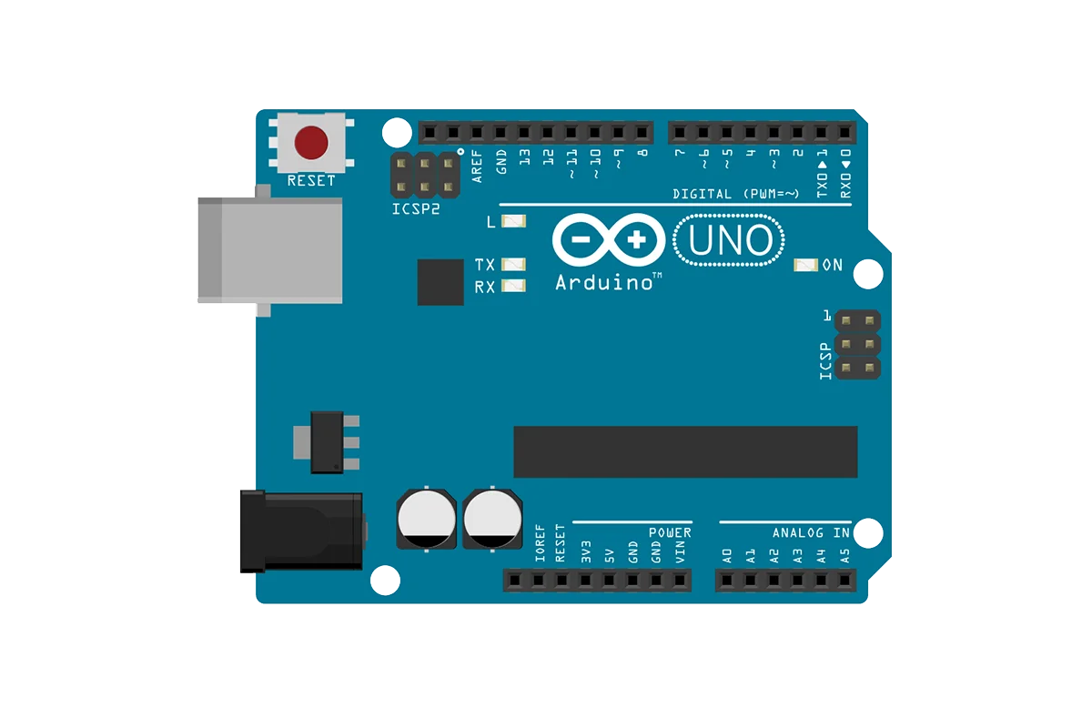 3D rendered top view of Arduino Uno microcontroller board, the all-purpose classic arduino board