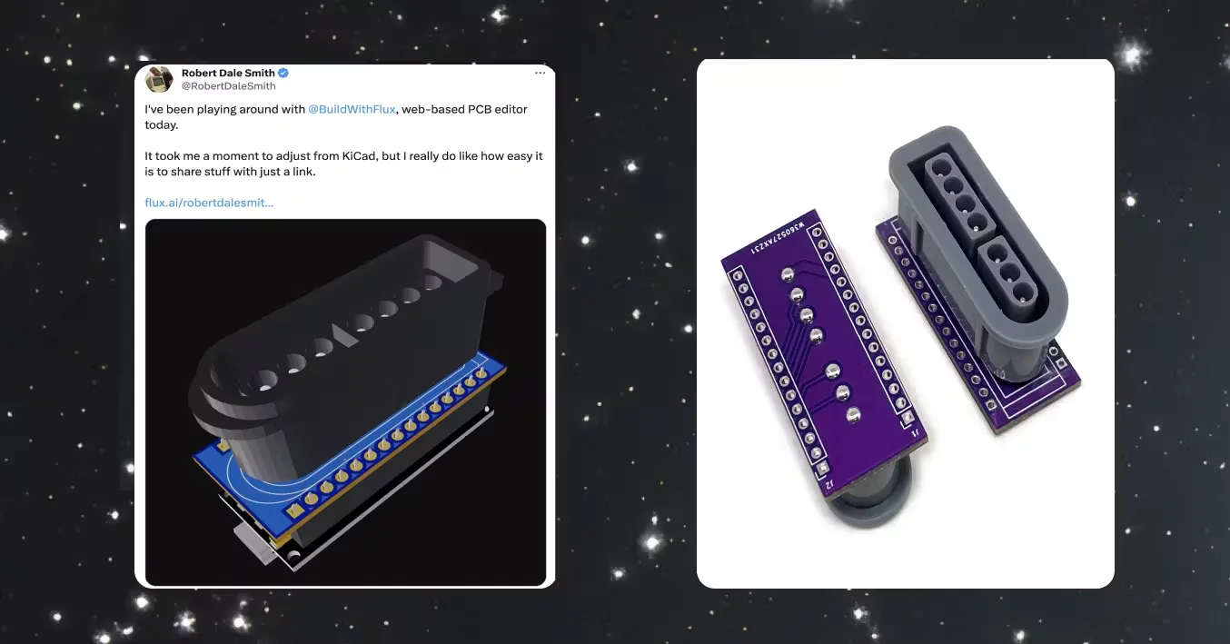 Side by side comparison of a SNES controller board. On the left, its PCB 3D view made with Flux and on the right, its finished manufactured look.