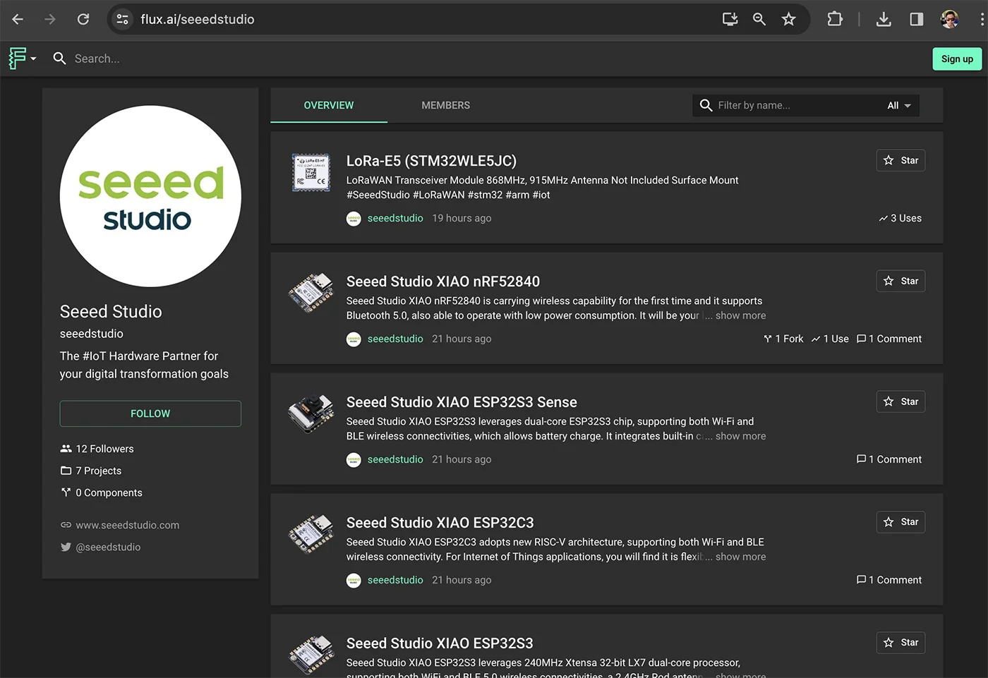 A public profile page of Seeed Studio organization on Flux, showing their iot XIAO boards and featured projects.
