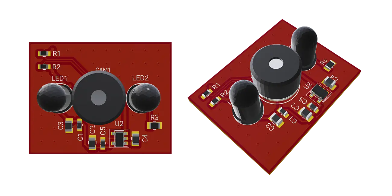 This project is a IR camera sensor module based on the TSL25911FN sensor, equipped with I2C communication technique. The module features a 3.3V regulator, I2C level shifter, LEDs, capacitors, resistors, and JST connectors for easy interfacing.
