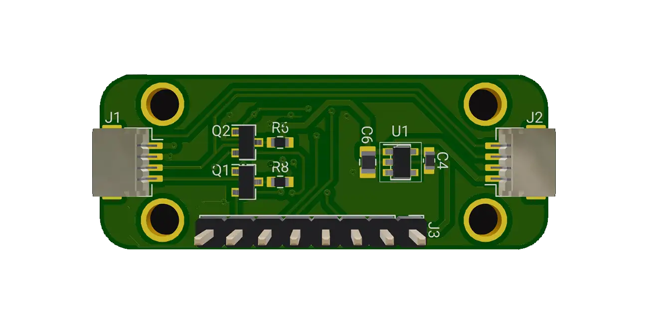 This is a reference design of a PCB utilizing the TMF8801-1BM time-of-flight (ToF) sensor from ams-OSRAM. It comprises electronic components such as resistors, capacitors, voltage regulators, and GPIO connectors. The logic signals are managed via Mosfets BSS138 while the Sensor IC is powered & controlled by a 3.3V AP2112K Voltage Regulator.
