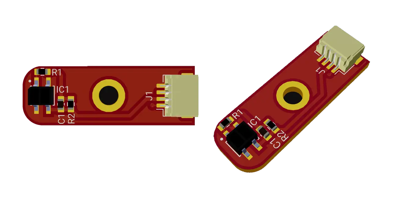 This project is a QRE1113 opto-reflective sensor circuit, using a 47K pull-up resistor (R2) and a 100 Ohm resistor (R1). It includes a 1µF capacitor  (C1) for stability and attaches to a JST connector (J1) for easy interfacing. Power is provided via VCC, with the output signal (OPTO_OUT) fed back.
