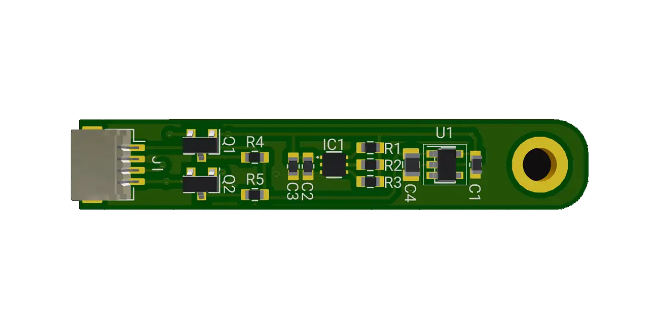 This is an ISL29125IROZ-T7-based reference design with voltage regulator AP2112K-3.3TRG1 for power supply. The circuit features a level-shifting configuration using BSS138 transistors for SDA and SCL lines, as well as auxiliary components including capacitors and resistors for proper operation.