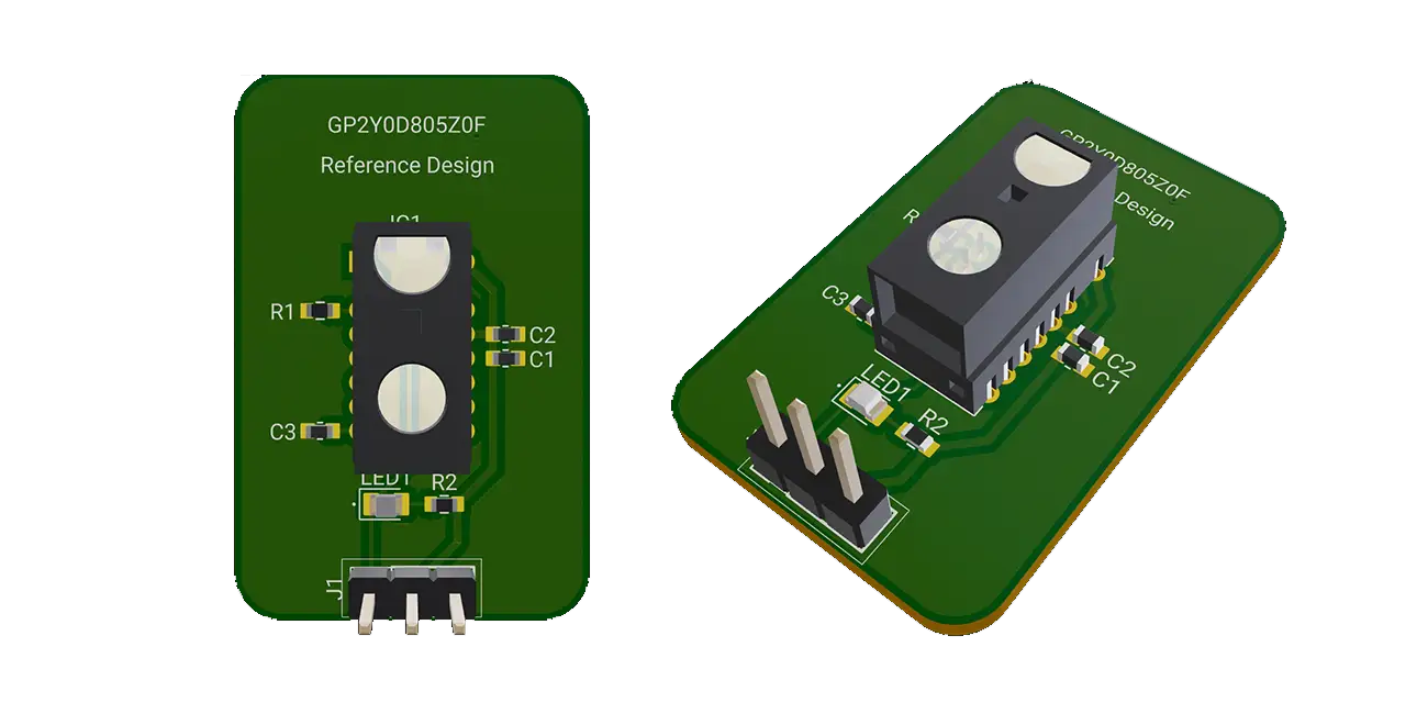 This project is a distance detecting sensor circuit build around GP2Y0D805Z0F IC from SHARP/Socle Technology. It includes decoupling capacitors, feedback resistors, and a LED for signal indication, with power being supplied via the J1 connector.