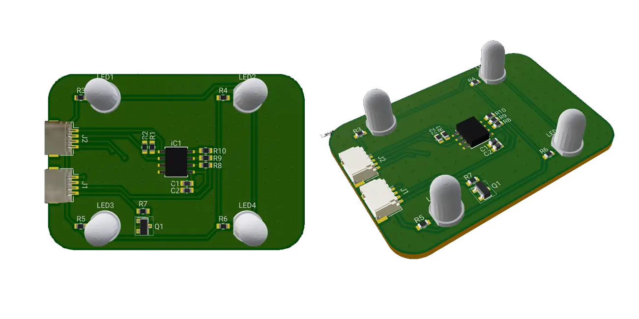 This project is a TCS3200D-TR color sensor circuit utilizing resistors, capacitors, LEDs, a JST connector, and a transistor for control. The color sensor allows for precise color identification and its output is accessible through a JST connector.