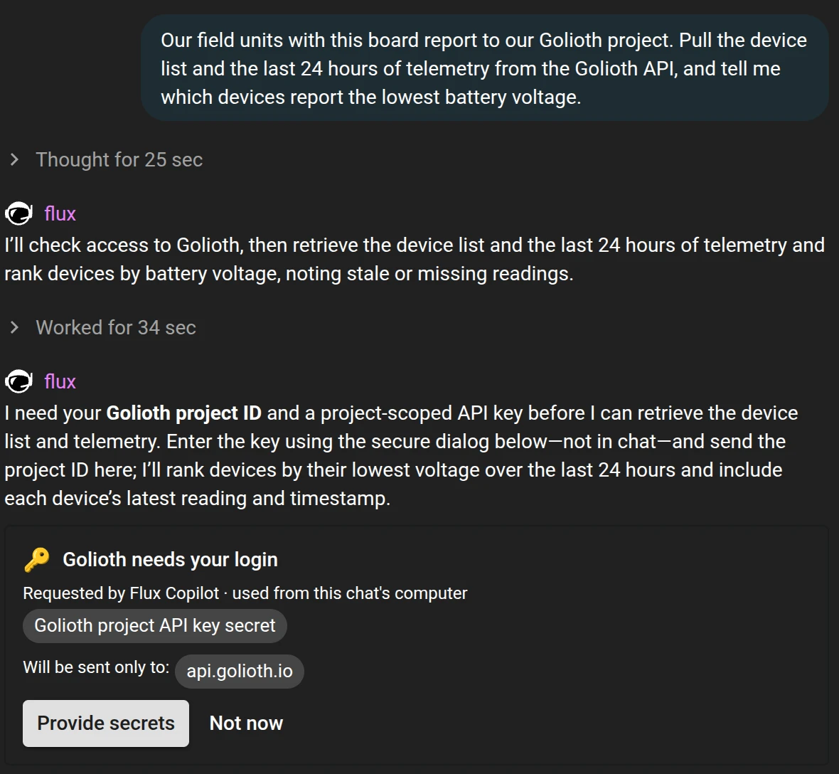 Flux chat: the agent asks for a Golioth project API key with a request card that says the key will be sent only to api.golioth.io