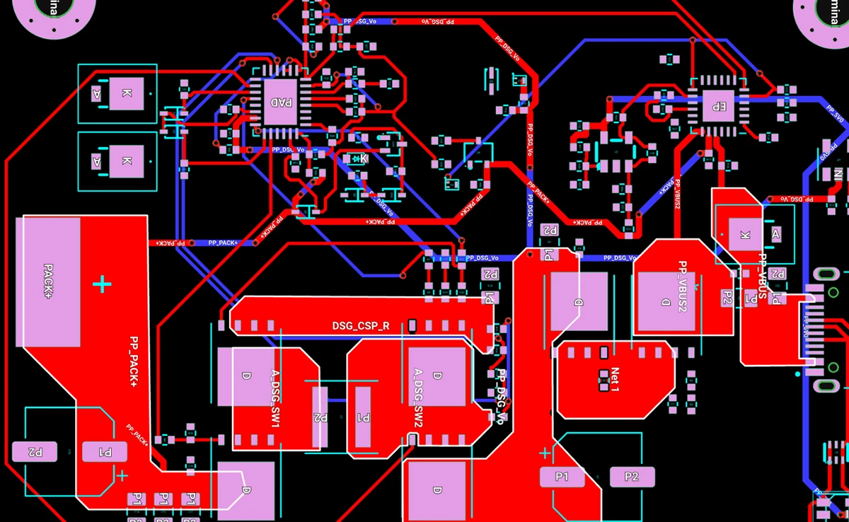 A pcb board with traces on 2D, pointing out how AI Auto-Layout routed the sensitive signals around high-power copper polygons.
