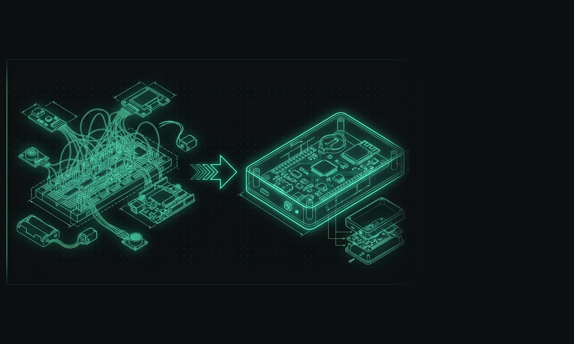 Line illustration of on the left a messy prototype of a development board with jumper wires and modules, an arrow leading to one compact custom circuit board fitted inside a neat finished housing