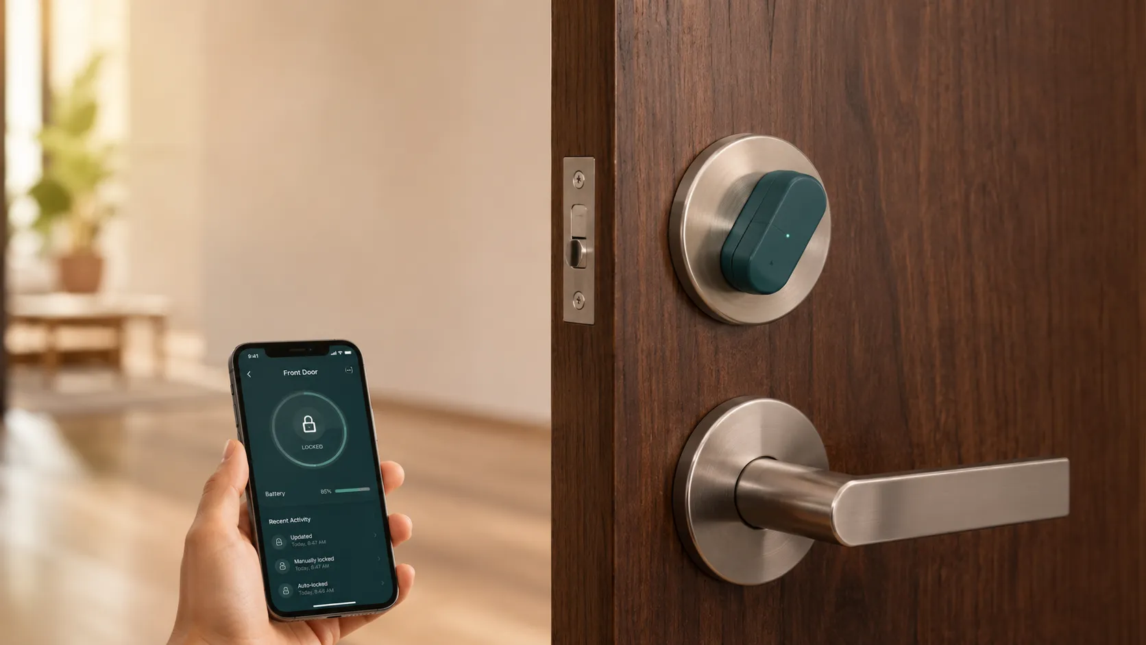 Tilt Tracker smart sensor mounted on a door lock, with a phone app showing the door is locked