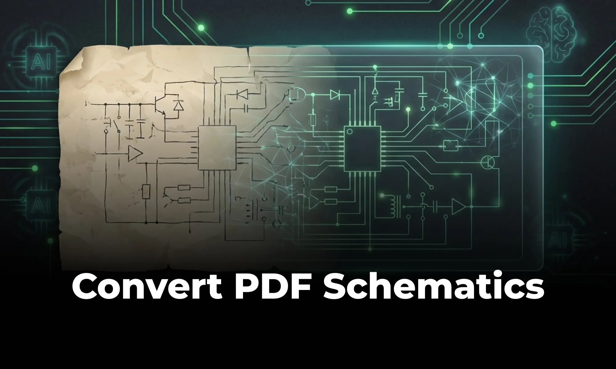 Illustration showing a PDF schematic being converted into an editable PCB design with AI assistance.