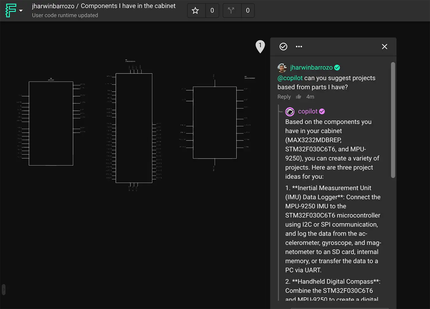 Flux copilot chat screen showing you can ask Copilot to suggest electronics projects based from the parts you have in canvas