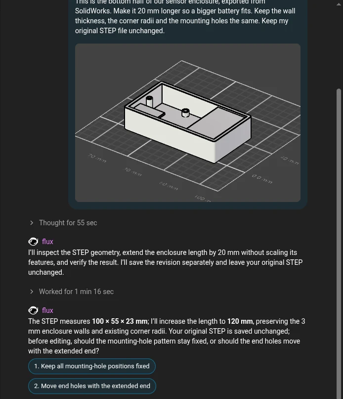 Flux chat: the uploaded STEP enclosure, the agent's measurement of 100 by 55 by 23 mm, and a question with two choices, keep all mounting-hole positions fixed or move the end holes with the extended end