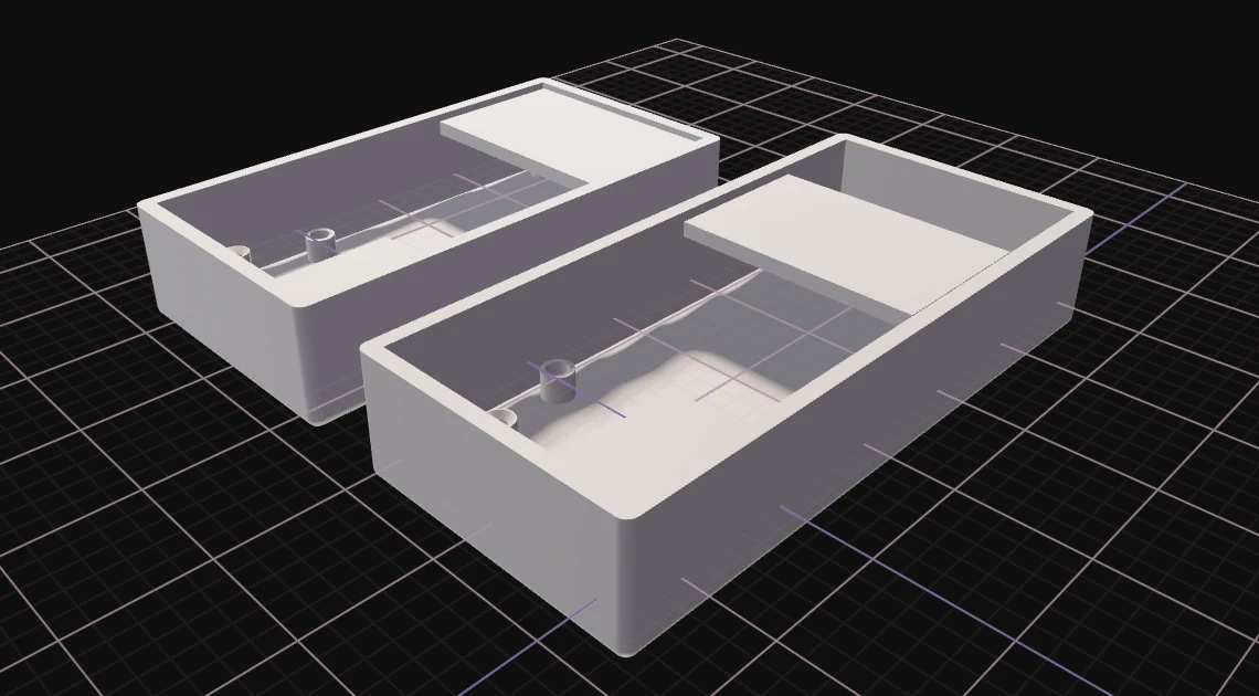 Flux 3D View with the original 100 mm sensor enclosure bottom in the back and the 120 mm revision in the front, with the same walls, battery shelf and mounting bosses