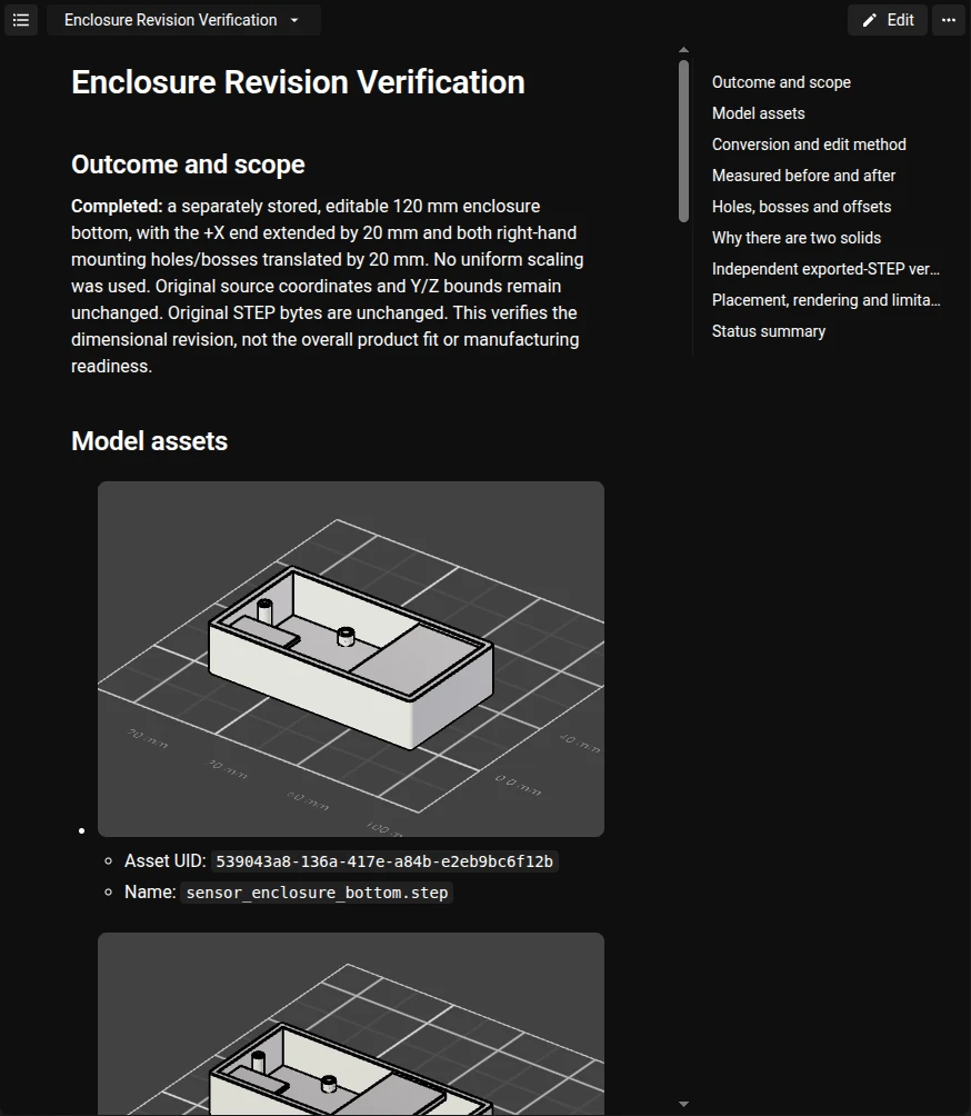 Flux Files tab with the verification report next to the original STEP file and the new 120 mm model