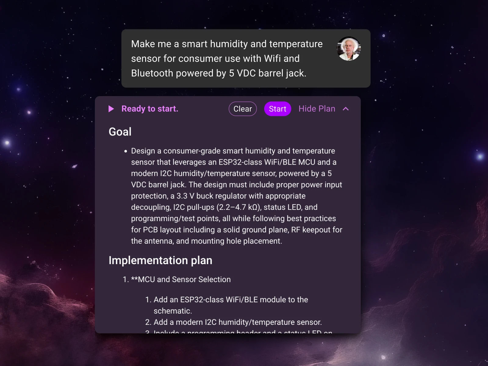 A flux user prompting flux to make a smart humidity and temperature sensor for consumer use with wifi and bluetooth powered by 5 VDC barrel jack.