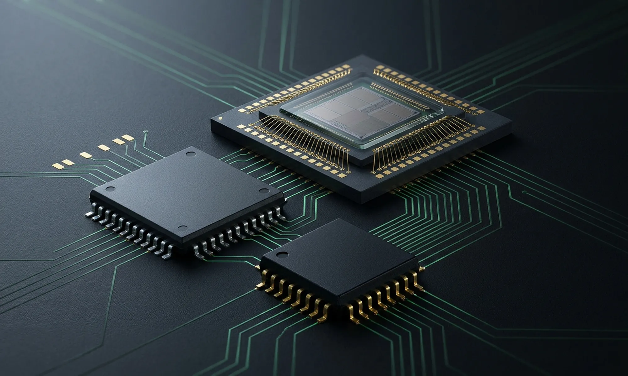 Three semiconductor packages on a circuit board with illuminated traces.