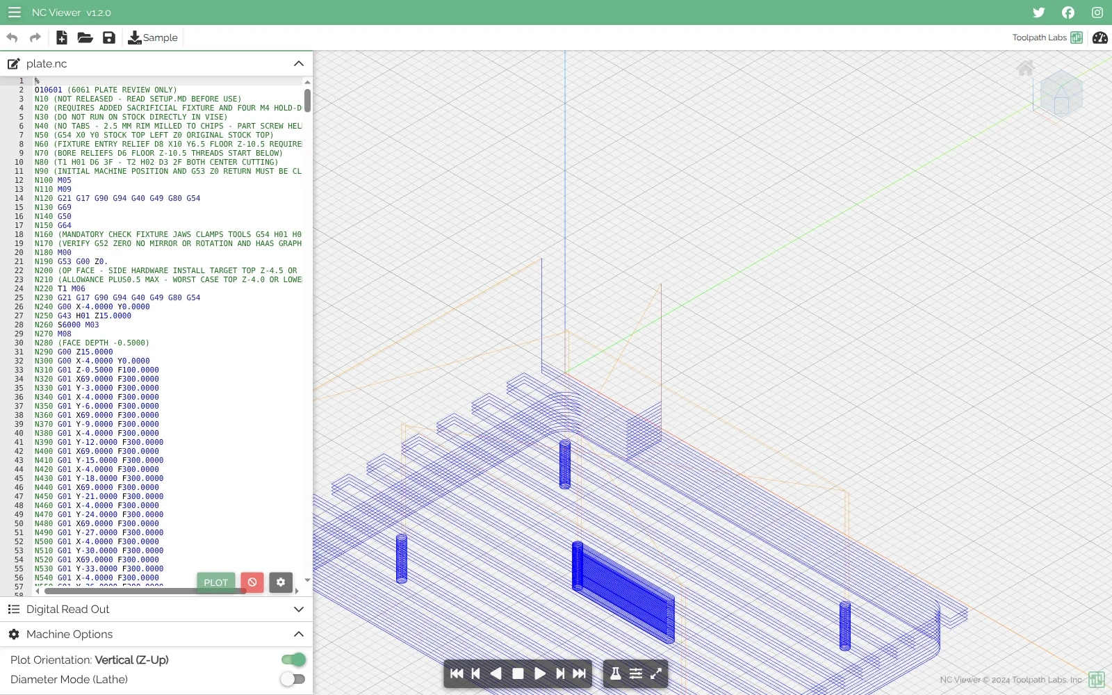 G-code file from Flux open in a G-code viewer with the toolpaths for the bracket holes, slot, and profile
