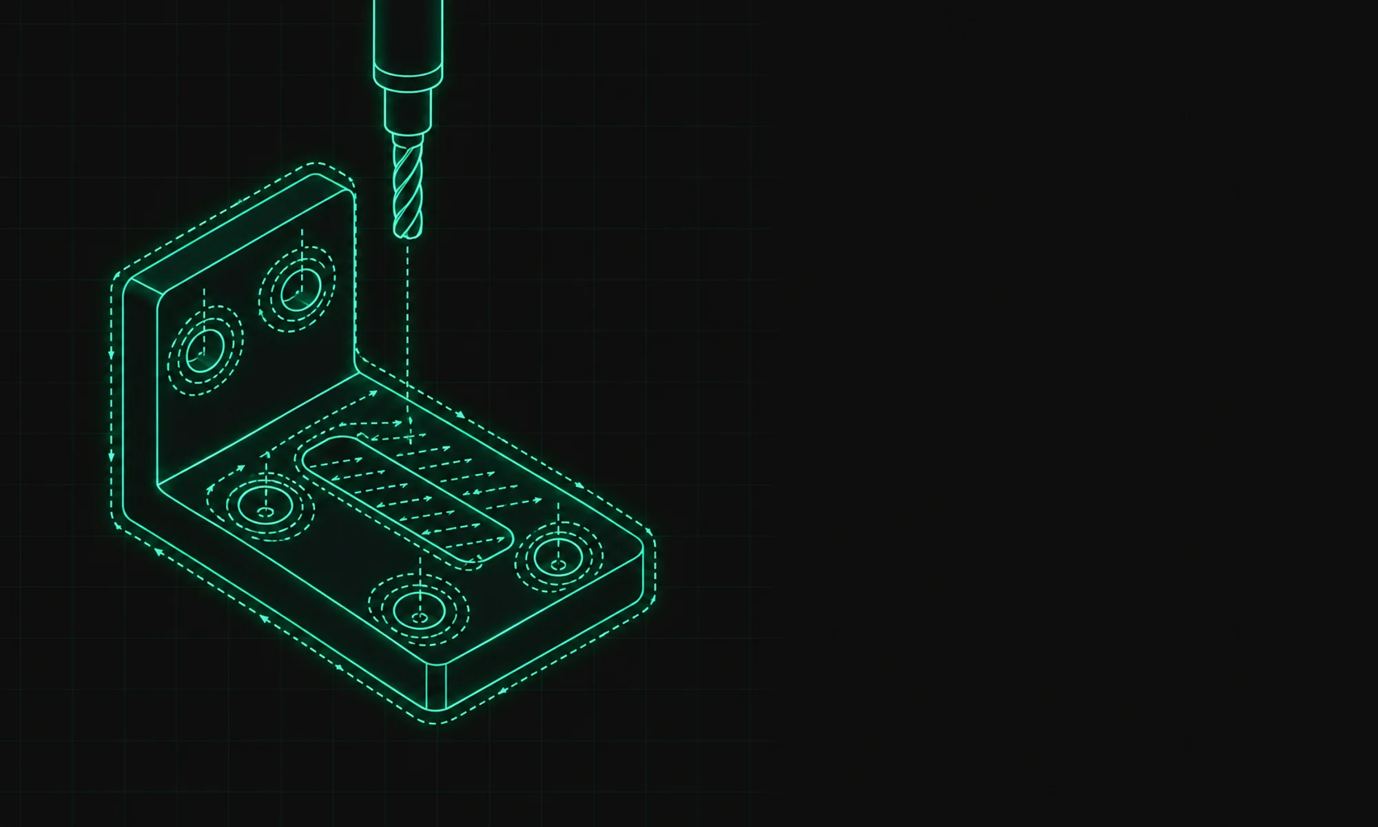 Illustration of an aluminum bracket with a cutter and the toolpaths for its holes, slot, and profile