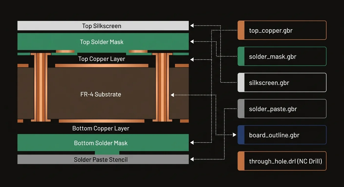 PCB layer stack cross-section mapped to the Gerber and NC drill files that define each layer, including top copper, solder mask, silkscreen, solder paste, board outline, and through-hole drill files