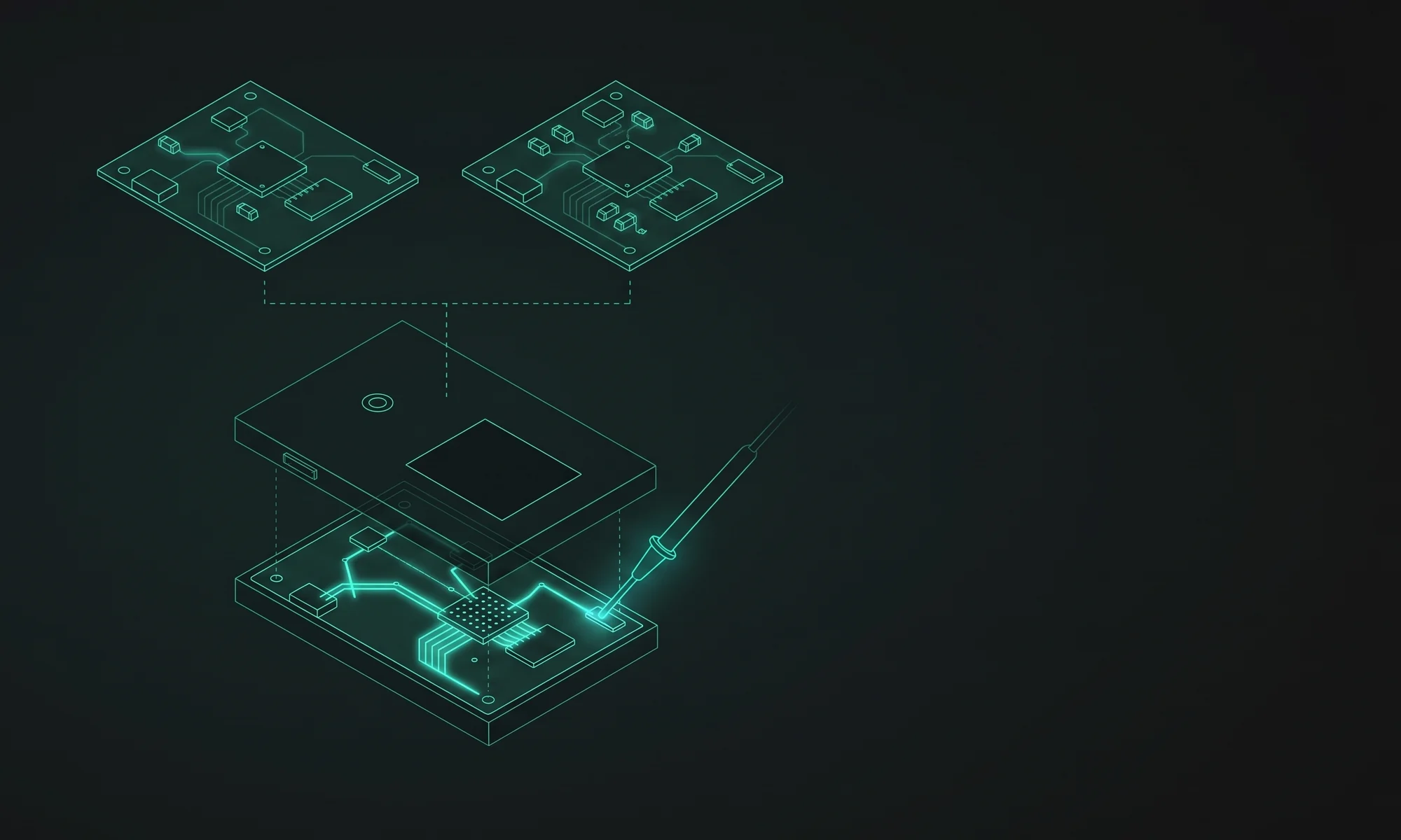 Illustration of two circuit boards with different part placement above one assembled device, with the board in its enclosure, the lid above it, and a test probe on a glowing trace