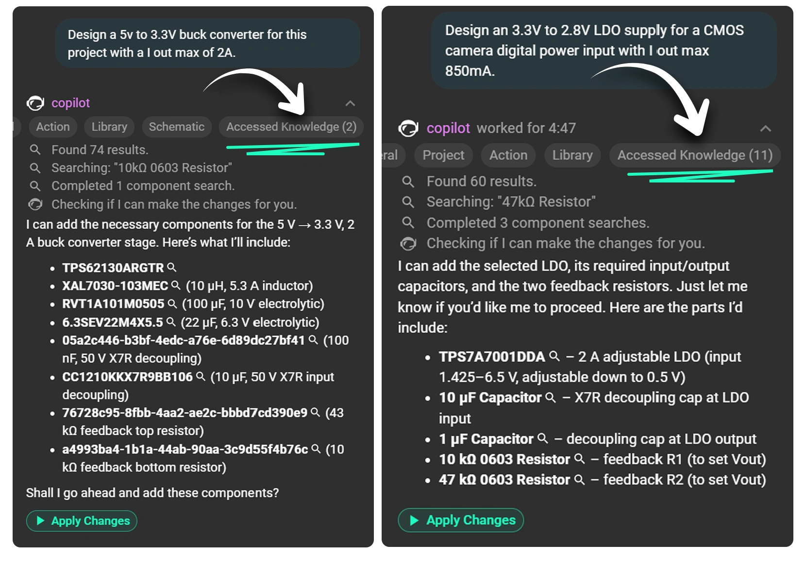 A electronics engineer prompting Flux copilot for help designing a buck converter and low drop out voltage regulator
