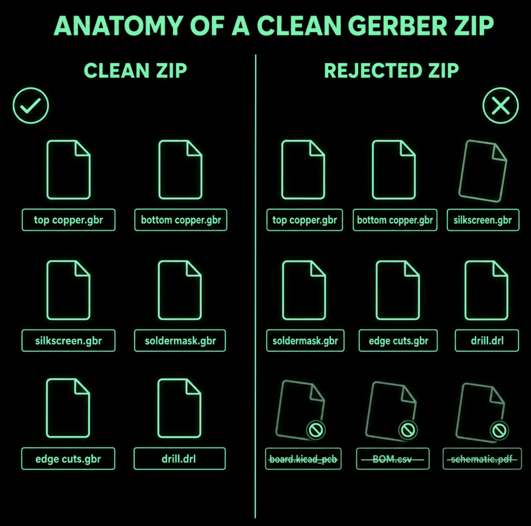 Only Gerbers and drill files belong in the zip, everything else gets flagged