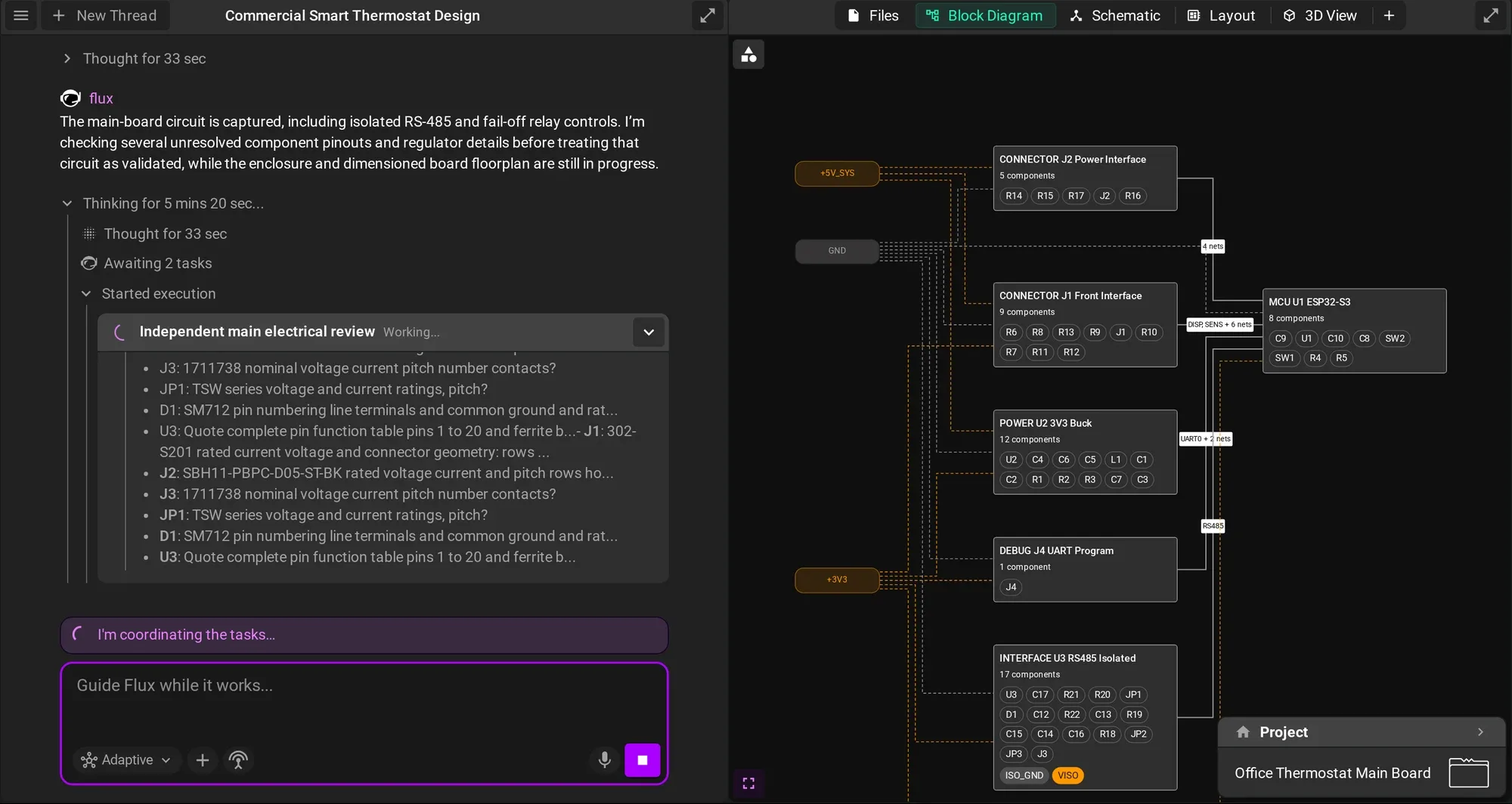 Flux designs the main board of a smart thermostat while a parallel task reviews the electrical design