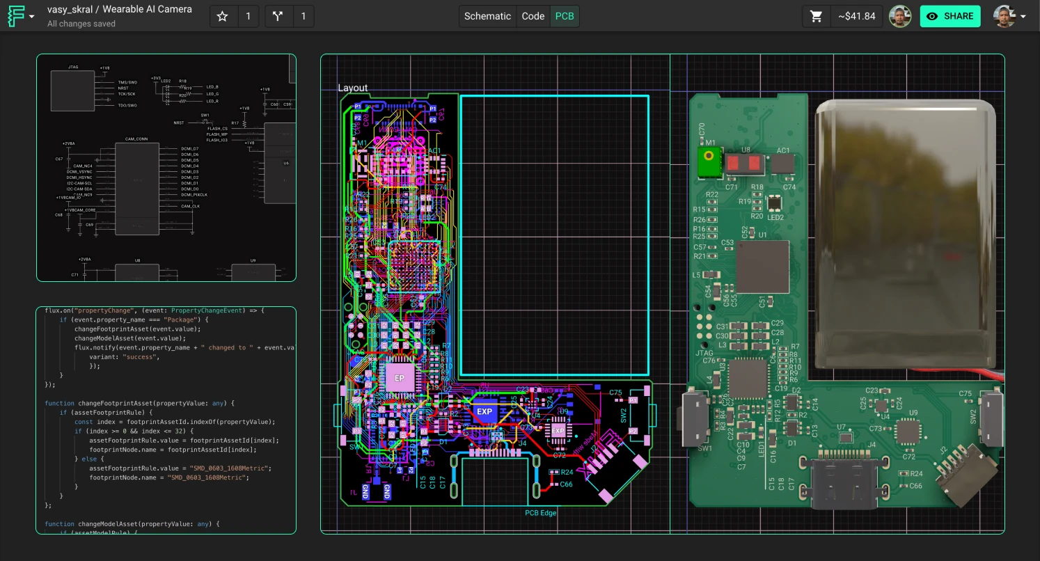 Screenshot of a PCB design for a wearable AI camera, showing a 3D view of the circuit board alongside the schematic layout, detailed circuit paths, and code editor sections in Flux. The interface displays a visual circuit board layout, 3D rendering of the board with components, and code snippets for modifying component properties.