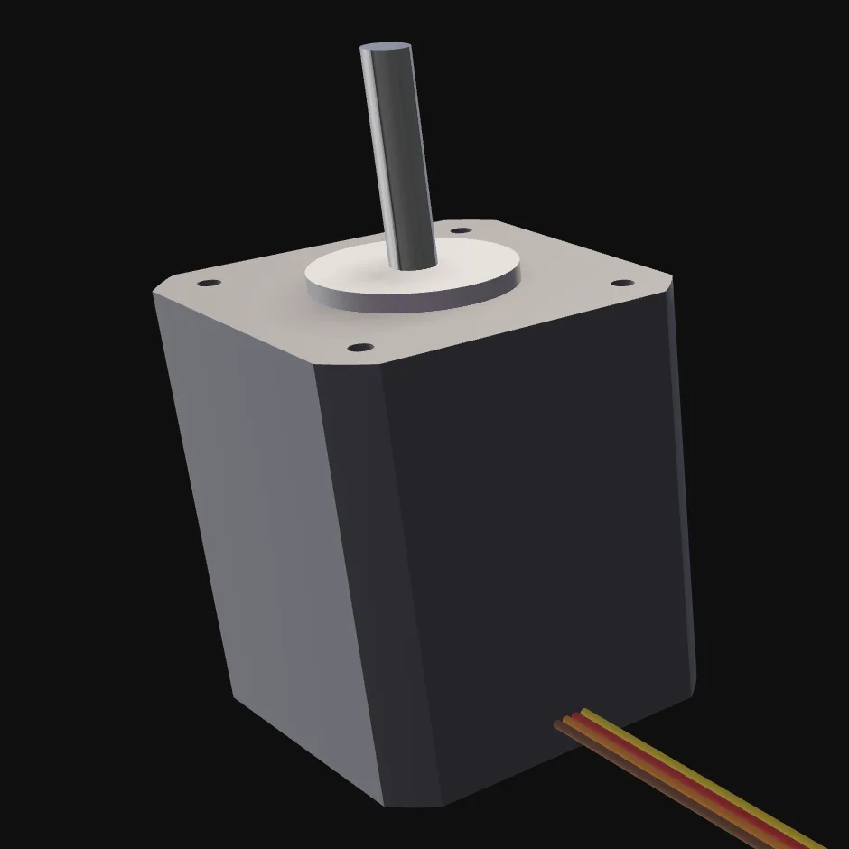 STEP model of a stepper motor with its mounting flange, four mounting holes, shaft, and lead wires, made by the Flux AI engineer from the supplier datasheet
