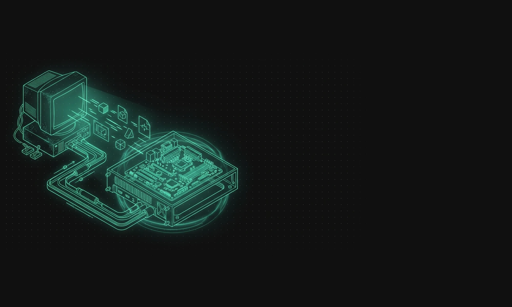 Line illustration of design files moving from an old dusty boxy computer monitor along a glowing path into a modern clean 3D view of a circuit board seated inside its enclosure