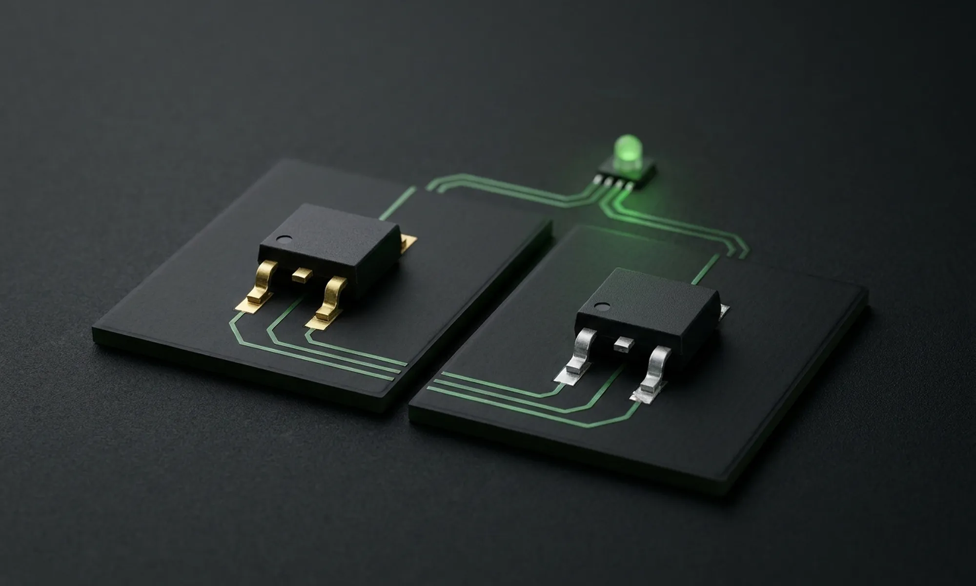 Two MOSFET packages on circuit boards, with a green indicator LED.