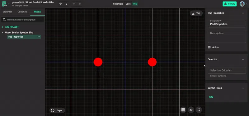 Animated demonstration of precise pad positioning and selection in a PCB footprint editor
