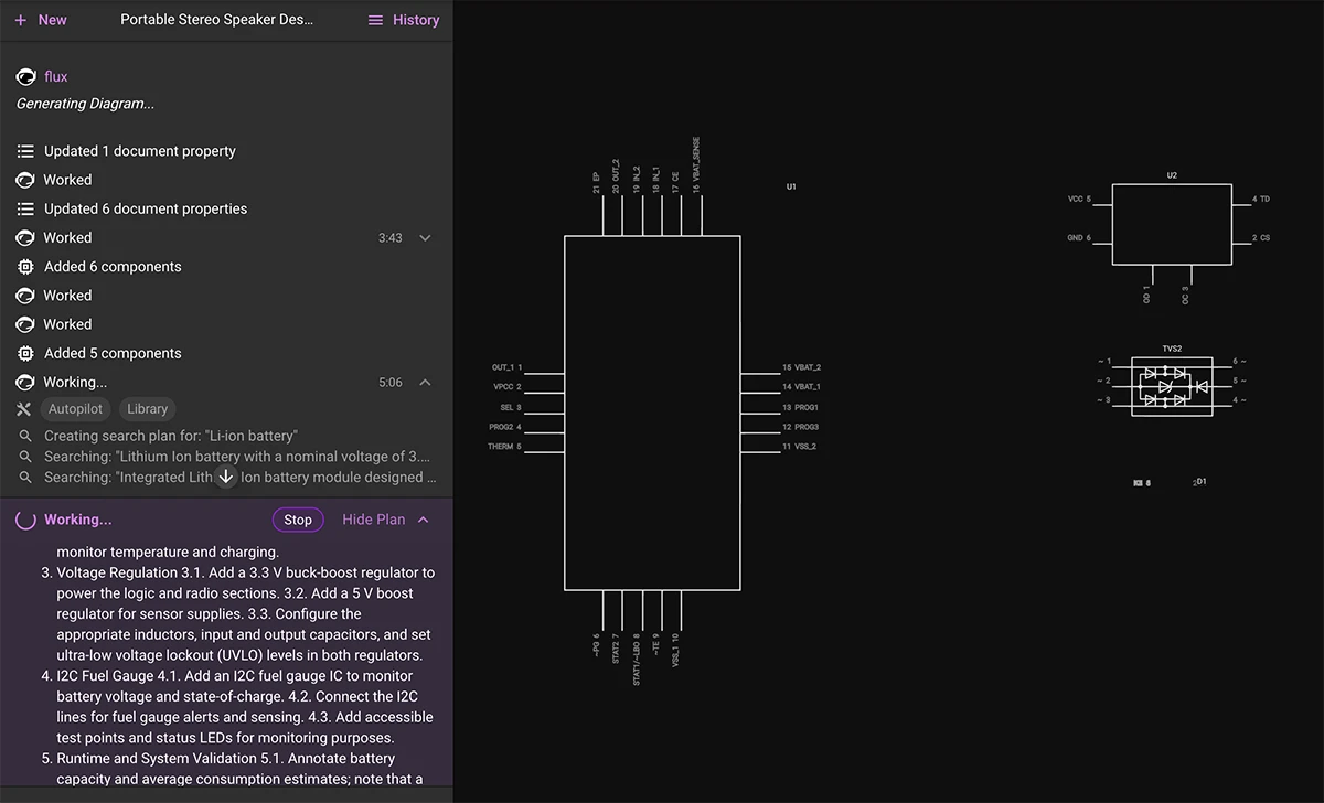 flux working on the generated plan for a project, automatically creating nets and connection in the schematic diagram