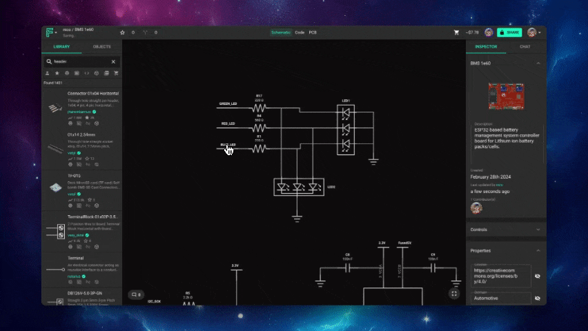 This image is an animated GIF showing a user interface from the Flux application, a PCB design software for electronics engineers. The animation displays a portion of an electrical schematic in progress with visible component symbols like resistors, LEDs, and interconnecting lines, suggesting the user is constructing or editing an electronic circuit. The left panel, titled 'LIBRARY', lists electronic components like connectors and terminals, indicating that users can select and place these on their schematic. The top-right corner has tabs for 'Schematic', 'Code', and 'PCB', signifying different workspaces within the app. An 'INSPECTOR' panel on the right side displays information about a selected component, including a thumbnail image of the associated PCB design, a brief description indicating it's a battery management system controller board for lithium battery packs, and additional metadata such as creation date, authorship, and tags like 'Automotive'. The overall impression is of a sophisticated and user-friendly tool for designing and managing PCB layouts.