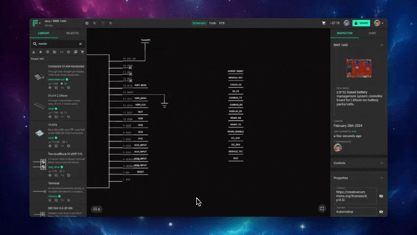 This animated GIF displays a user interface from the Flux PCB design software, focusing on an electronic schematic diagram. The animation shows a cursor moving across the screen, highlighting the interactive nature of the software. The user is seemingly reviewing or editing the schematic, with various labeled pins and connection points indicating the layout of an electronic circuit.

On the left side, the 'LIBRARY' pane shows a list of components such as connectors and terminals that can be dragged onto the schematic for design purposes. The right side features an 'INSPECTOR' pane, where a component named BMS 16s60 is detailed as a battery management system controller board for lithium battery packs, along with additional information such as the creation date and associated tags (like 'Automotive').

Tabs at the top labeled 'Schematic', 'Code', and 'PCB' indicate the software's capability to provide different design perspectives and functionalities. The space-themed background behind the interface gives a visual flair to the design environment. This GIF captures the intricate process of arranging and connecting electronic components in PCB design software.