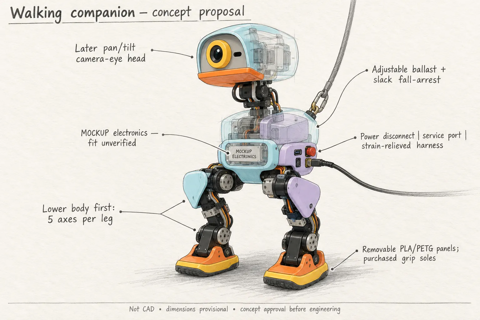 Concept proposal sketch of a walking companion robot with engineering notes