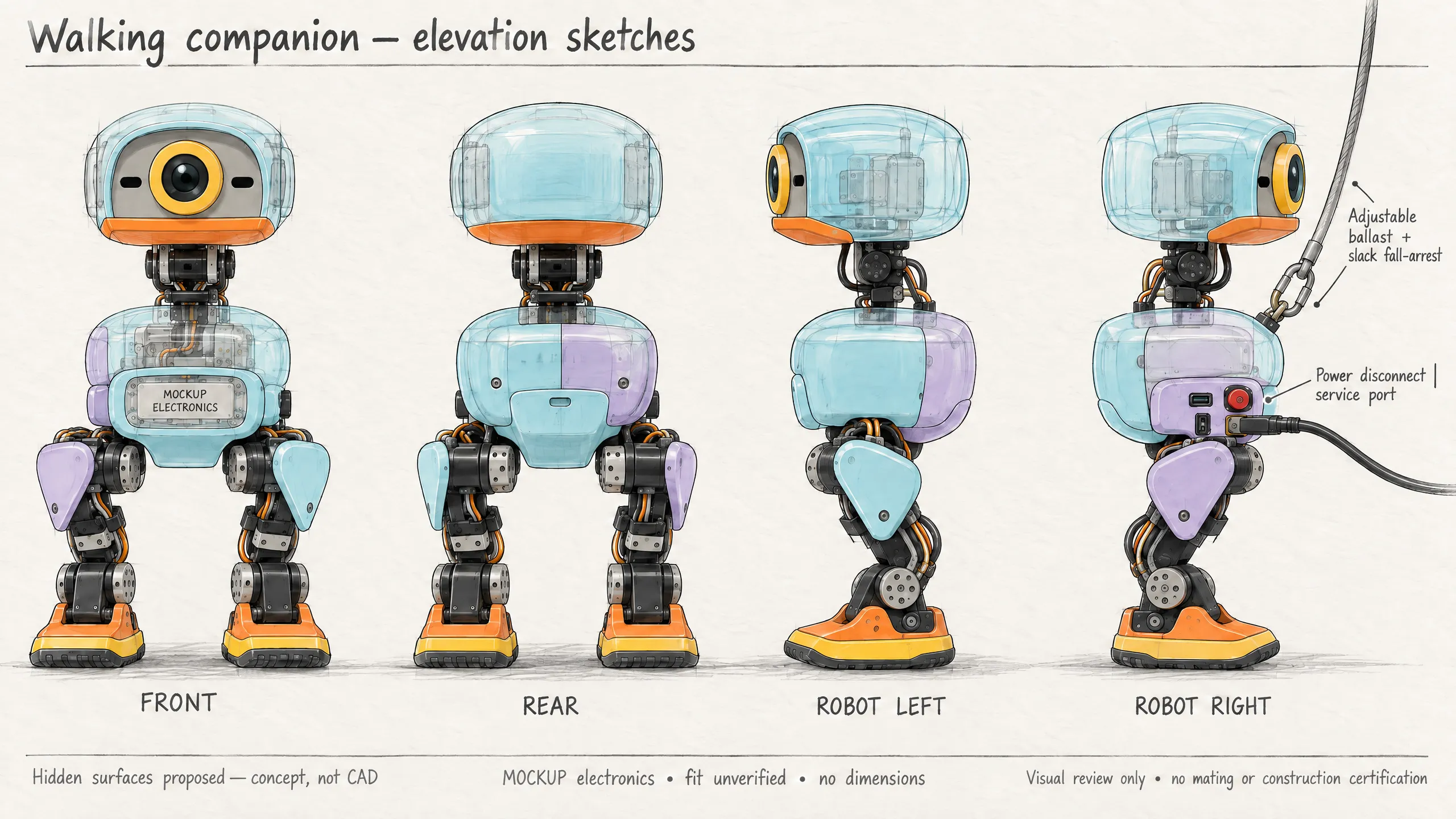 Front, rear, left, and right concept sketches of the same walking robot