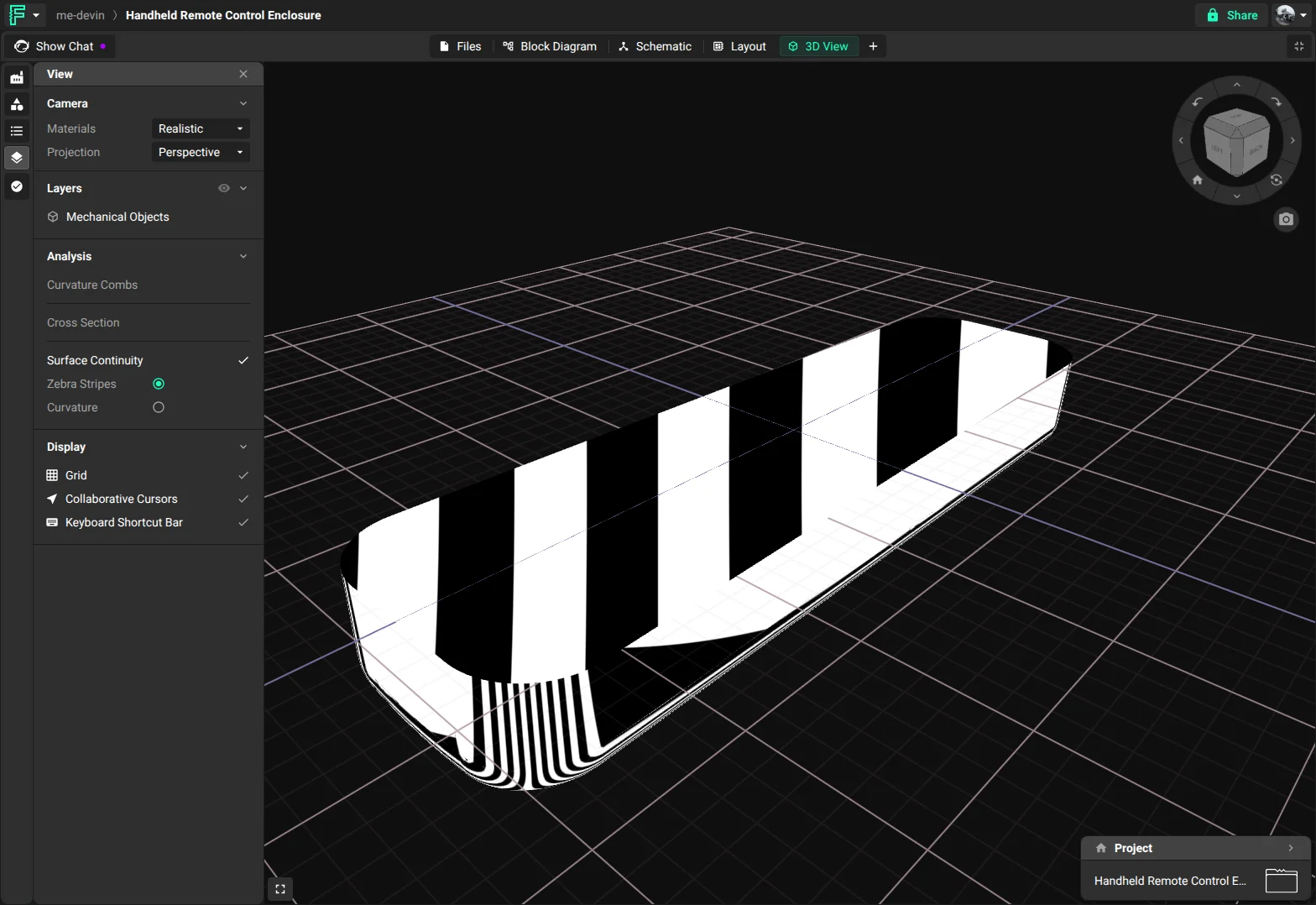 Zebra Stripes on a hand-held shell that the agent built with NVIDIA SMLib: wide black and white bands run across the top face and continue into the rounded end, where they curve and get narrow