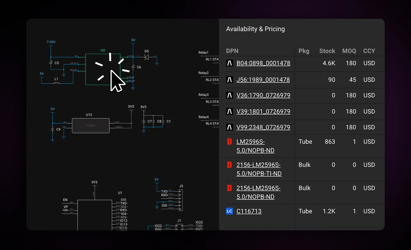 A widget showing Flux real-time pricing and availability of a selected component in the schematic canvas.