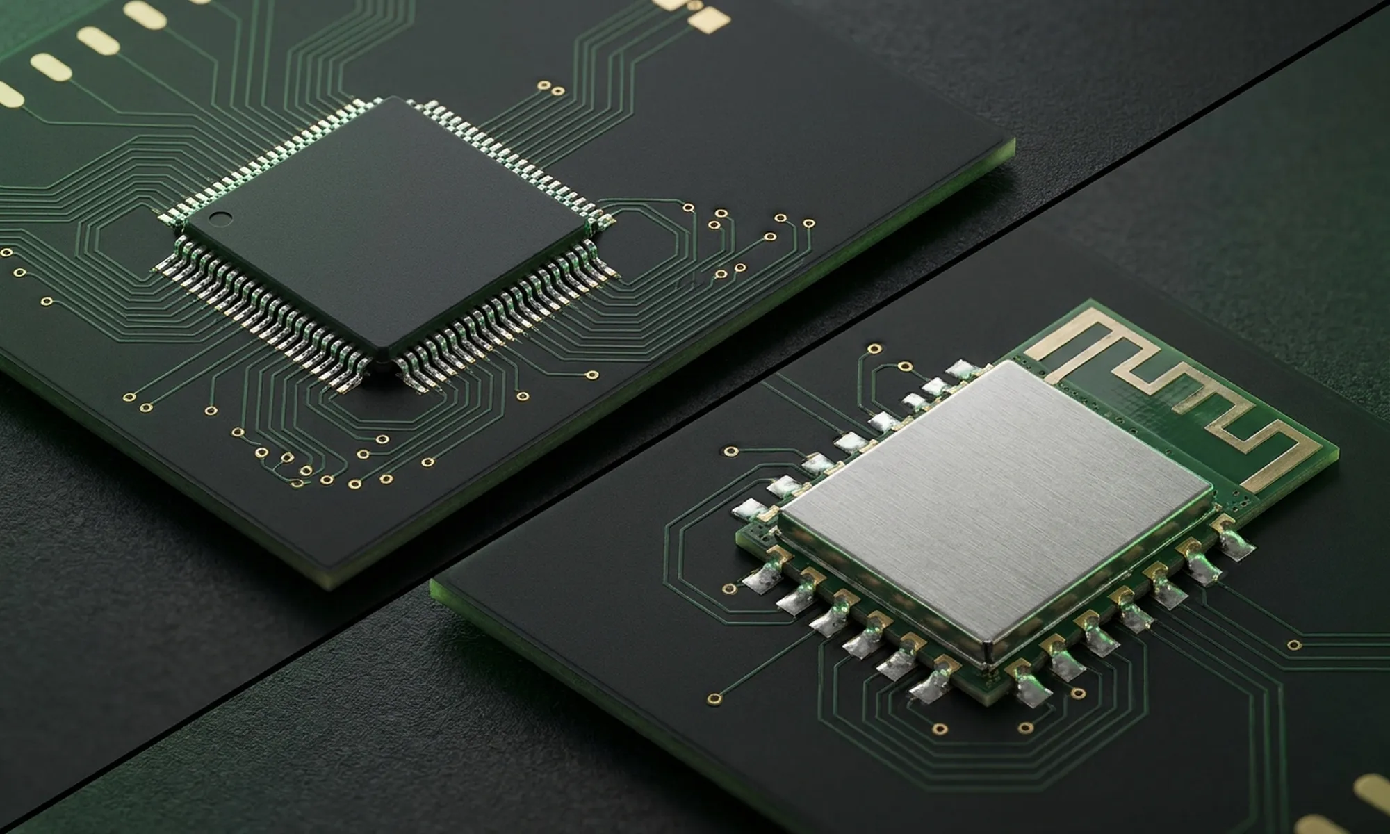 A microcontroller board beside a wireless module on dark circuit boards.