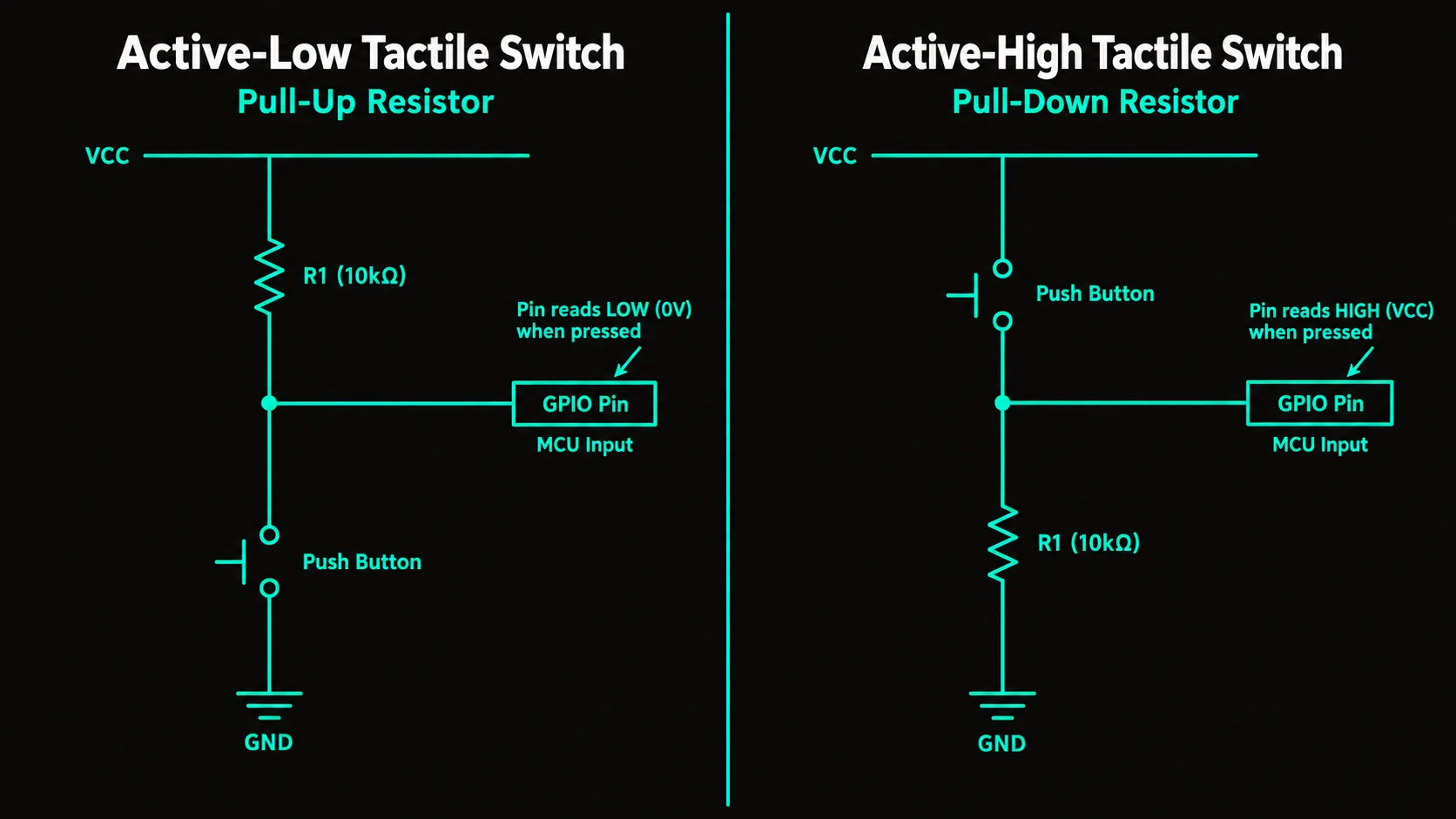 Side-by-side wiring schematics comparing active-low (pull-up resistor) and active-high (pull-down resistor) tactile switch configurations.