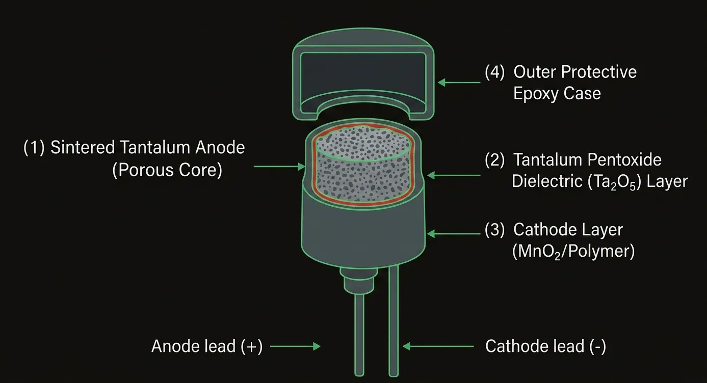 Cutaway diagram of a tantalum capacitor showing the sintered tantalum anode porous core, tantalum pentoxide dielectric layer, MnO2/polymer cathode layer, outer epoxy case, and anode and cathode leads