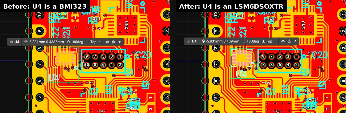 Before: U4 is a BMI323. After: U4 is an LSM6DSOXTR.