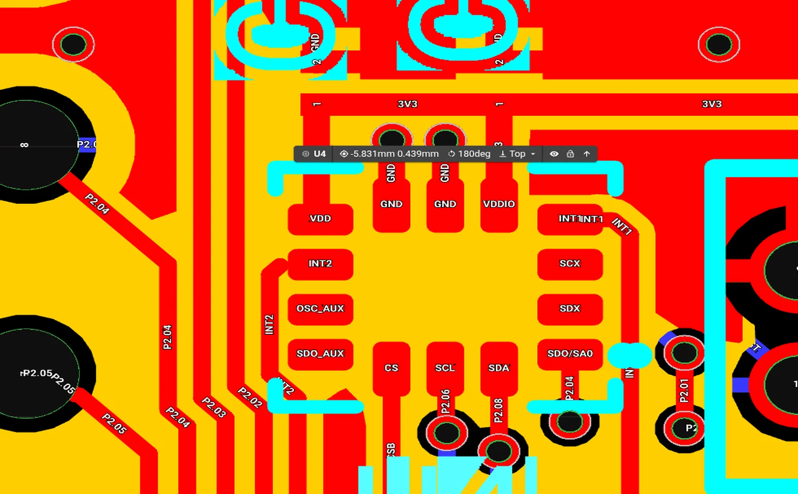 Altium PCB layout zoomed to the LSM6DSOXTR replacement at U4.