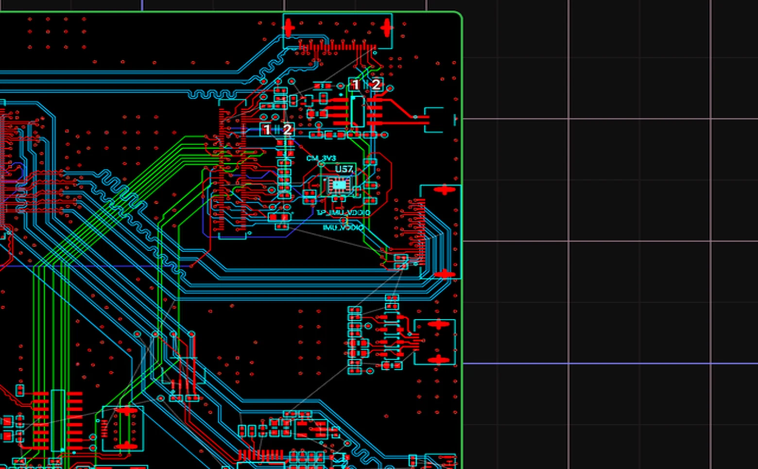 Cadence PCB layout centered on the ICM-45686 replacement at U57.