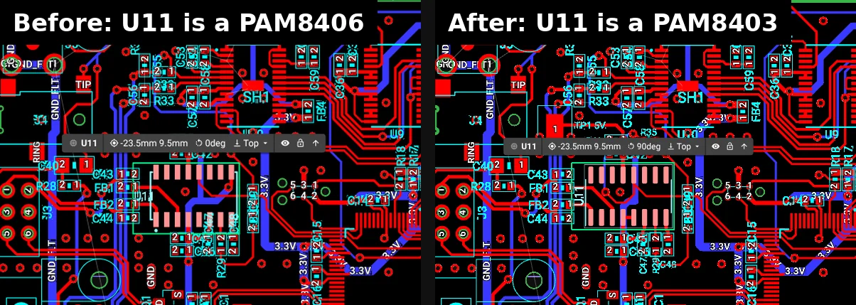Before: U11 is a PAM8406. After: U11 is a PAM8403.