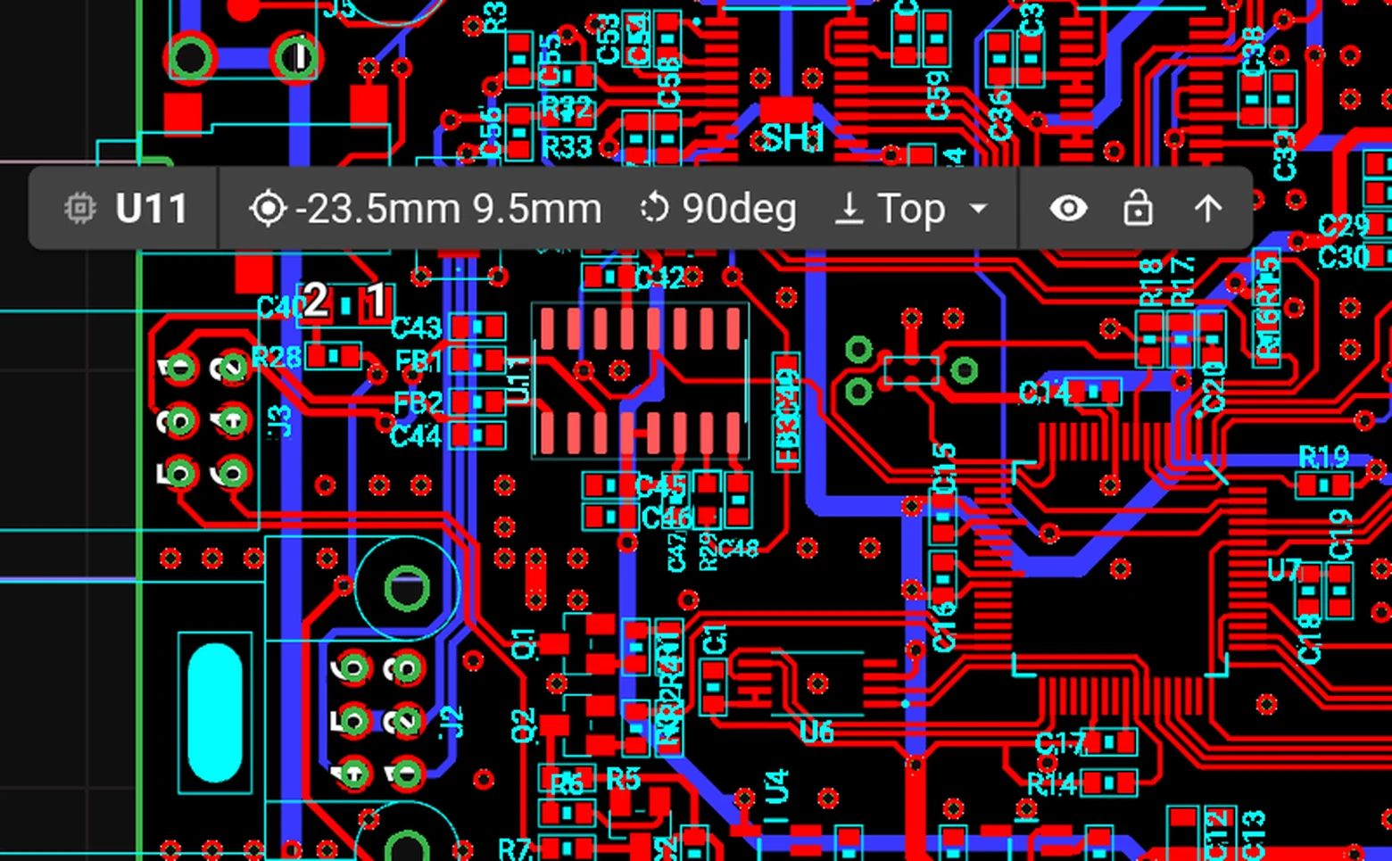 Eagle PCB layout zoomed to the PAM8403 replacement amplifier at U11.